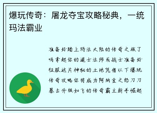 爆玩传奇：屠龙夺宝攻略秘典，一统玛法霸业